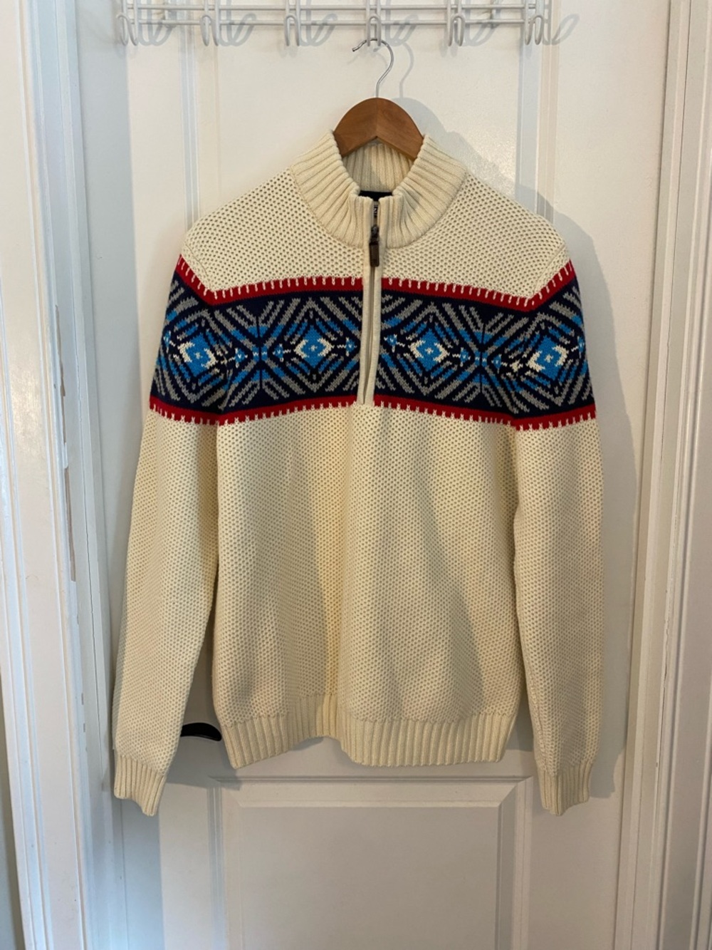 Izod Cream Zip-Neck Sweater with Blue and Red Nordic Fair Isle